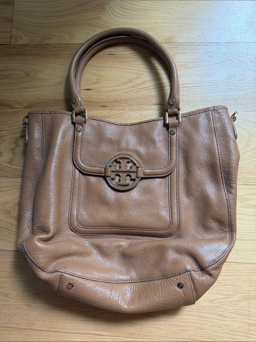 Tory Burch Camel Brown Pebbled Leather Tote with Logo Medallion